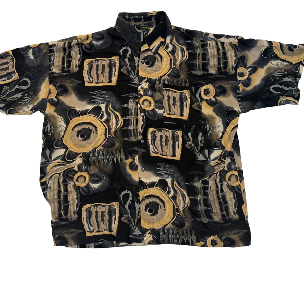 Monzini Collection Mens 2X Abstract Geometric Floral Button Down Shirt Black Tan